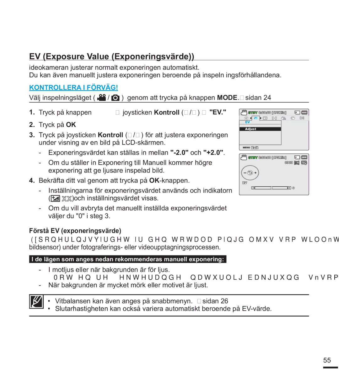 Samsung SMX-F44BP/EDC, SMX-F40SP/EDC, SMX-F400BP/EDC manual EV Exposure Value Exponeringsvärde, Förstå EV exponeringsvärde 