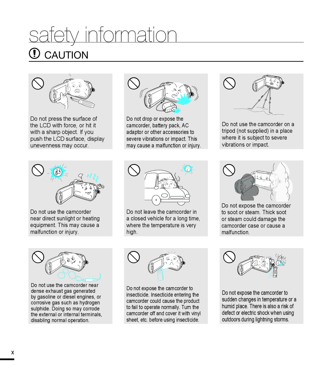 Samsung SMX-K40BP/EDC, SMX-F40SP/EDC, SMX-F400BP/EDC, SMX-K40SP/EDC, SMX-F40LP/EDC, SMX-F400RP/EDC manual Safety information 