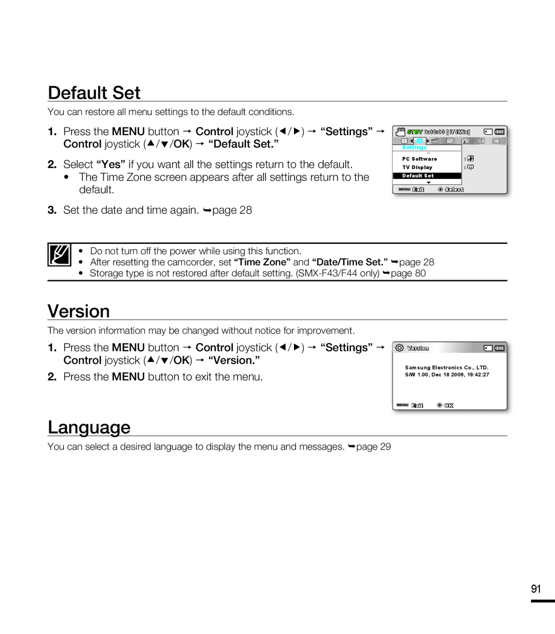 Samsung SMX-F40BP/AAW manual Default Set, Version, Language, You can restore all menu settings to the default conditions 