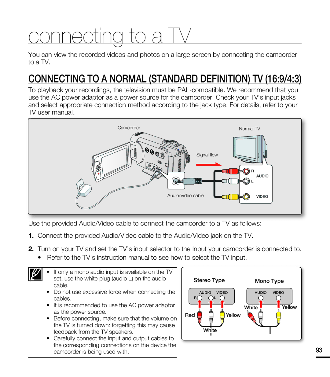 Samsung SMX-F44BP/HAC, SMX-F40SP/EDC manual Connecting to a TV, Connecting to a Normal Standard Definition TV 169/43 