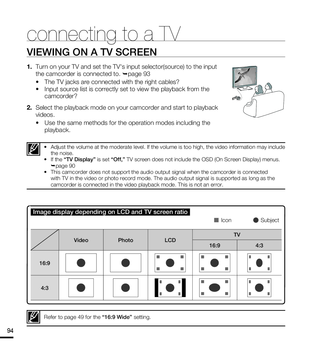 Samsung SMX-F44LP/MEA manual Viewing on a TV Screen, Image display depending on LCD and TV screen ratio, Video Photo 