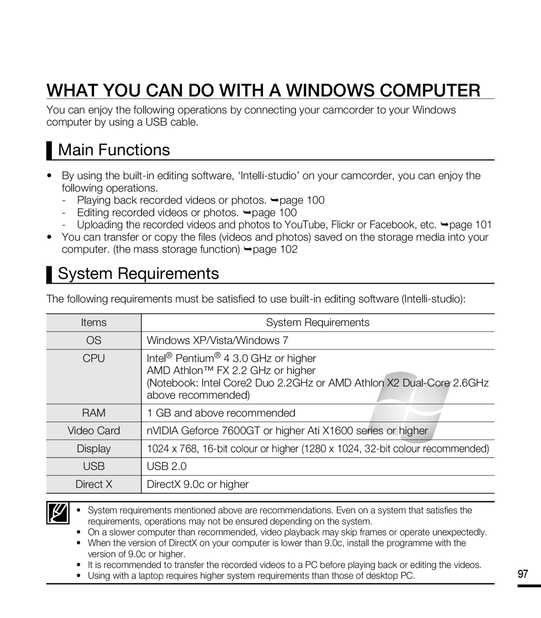 Samsung SMX-F43BP/HAC, SMX-F40SP/EDC manual What YOU can do with a Windows Computer, Main Functions, System Requirements 