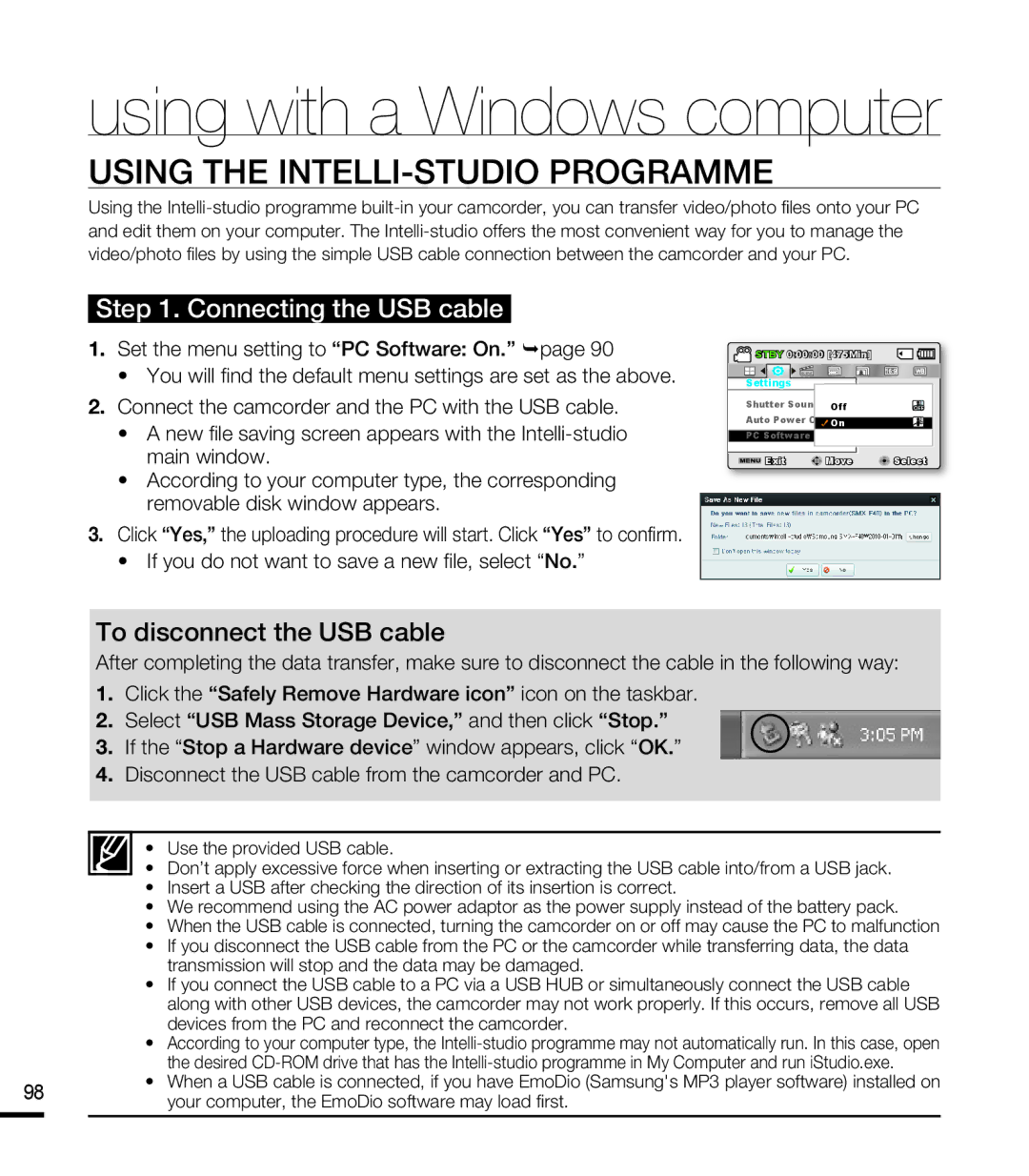 Samsung SMX-F43SP/HAC, SMX-F40SP/EDC Using the INTELLI-STUDIO Programme, If you do not want to save a new fi le, select No 