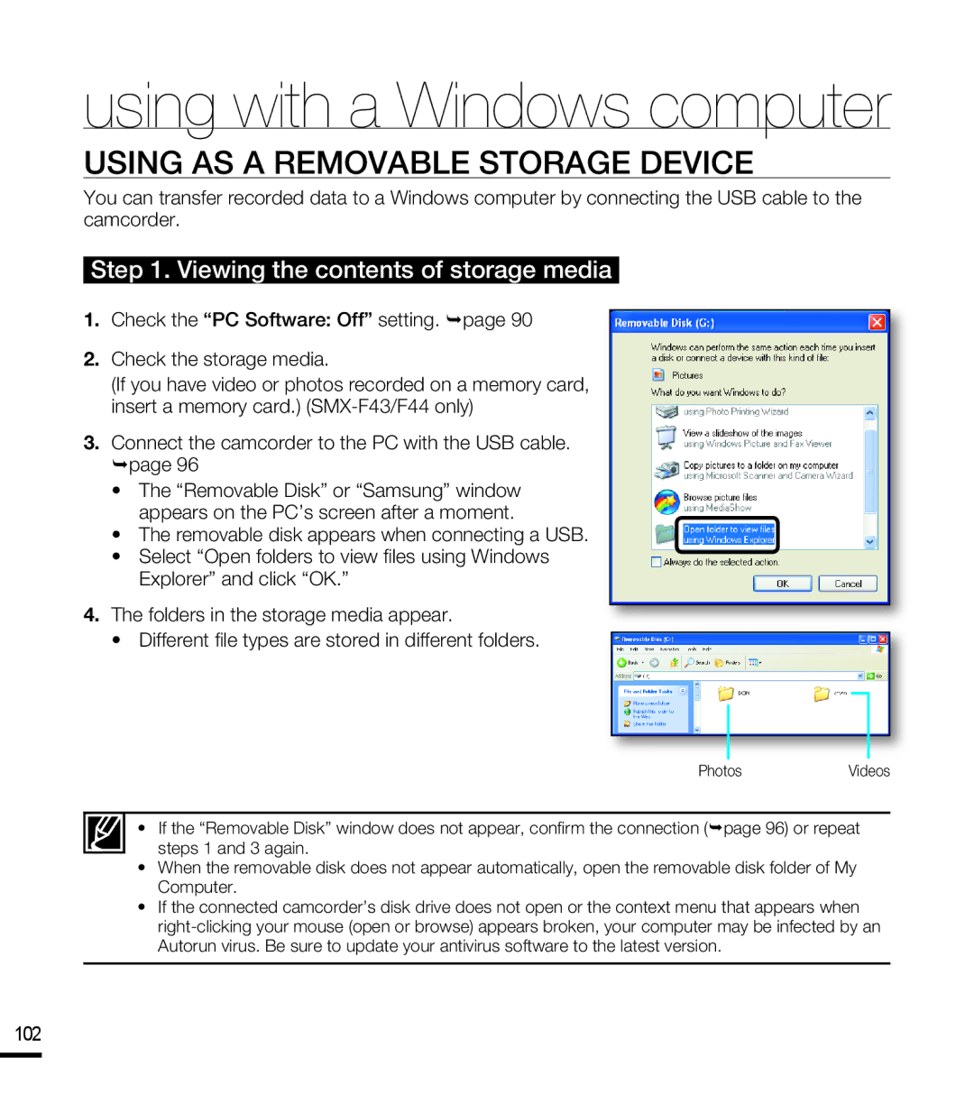 Samsung SMX-F40BP/XSV, SMX-F40SP/EDC manual Using AS a Removable Storage Device, Viewing the contents of storage media 