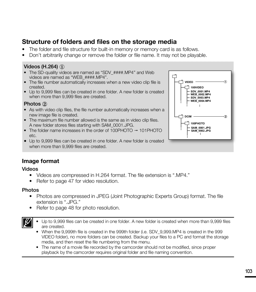 Samsung SMX-F400BP/XSV, SMX-F40SP/EDC, SMX-F400BP/EDC manual Structure of folders and ﬁles on the storage media, Photos ② 