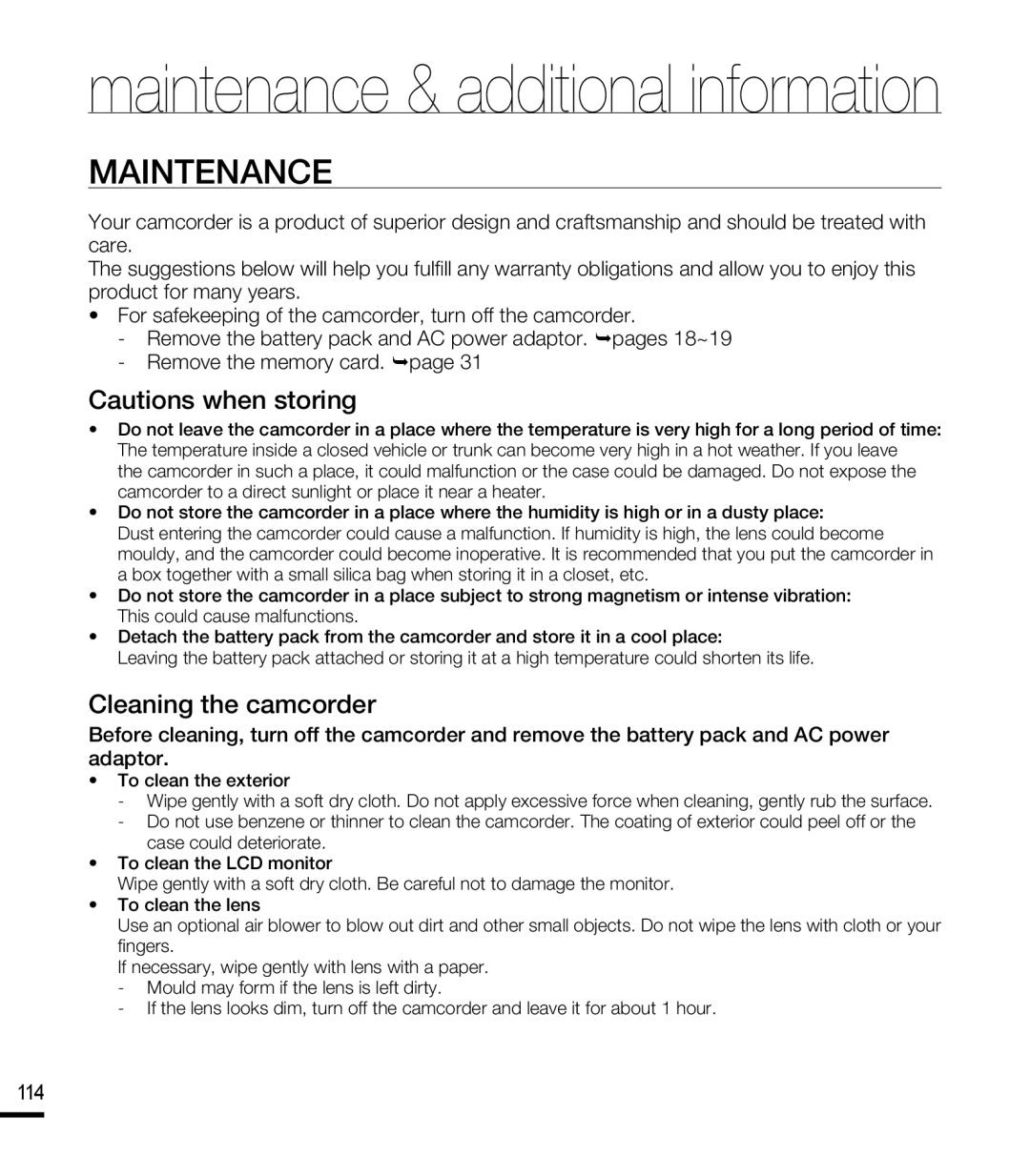 Samsung SMX-F40RP/XER, SMX-F40SP/EDC, SMX-F400BP/EDC, SMX-K40SP/EDC, SMX-F40LP/EDC, SMX-F400RP/EDC manual Maintenance, 114 