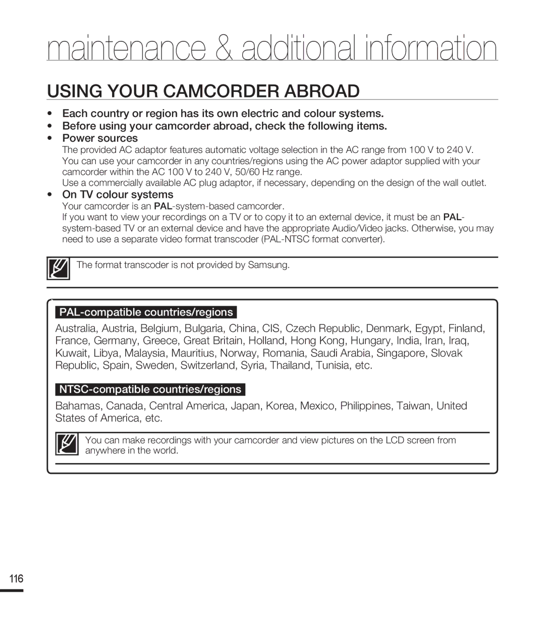 Samsung SMX-F44BP/XEK manual Using Your Camcorder Abroad, On TV colour systems, PAL-compatible countries/regions, 116 