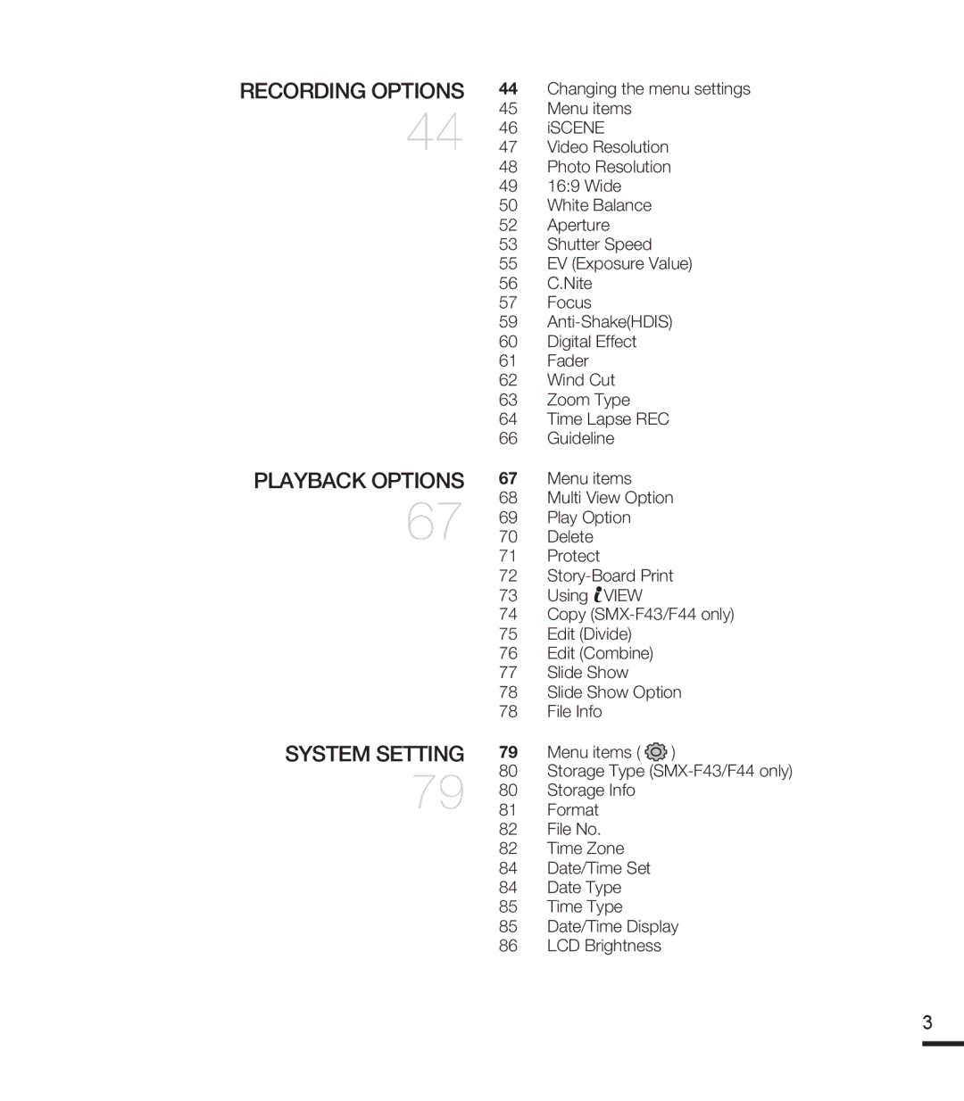 Samsung SMX-F43SP/EDC, SMX-F40SP/EDC, SMX-F400BP/EDC, SMX-K40SP/EDC manual Recording options Playback options System setting 