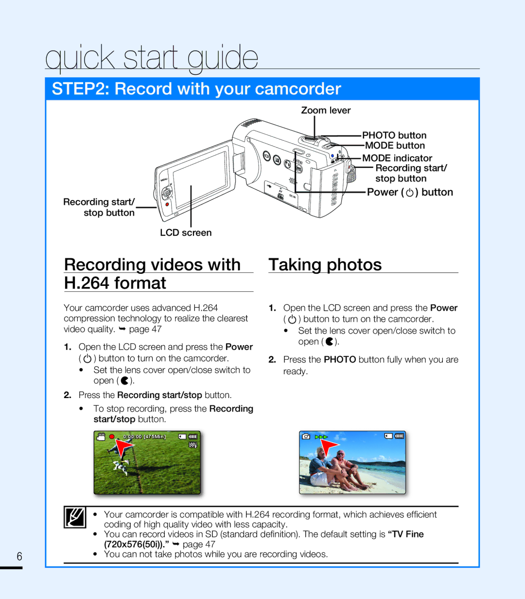 Samsung SMX-K40BP/MEA, SMX-F40SP/EDC manual Recording videos with H.264 format, Taking photos, Power button, Recording start 