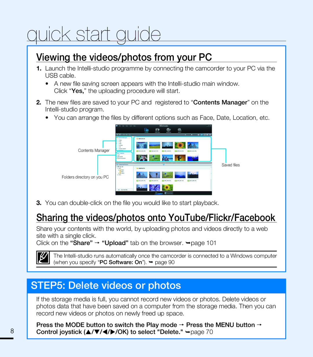 Samsung SMX-F40LP/HAC manual Viewing the videos/photos from your PC, Sharing the videos/photos onto YouTube/Flickr/Facebook 