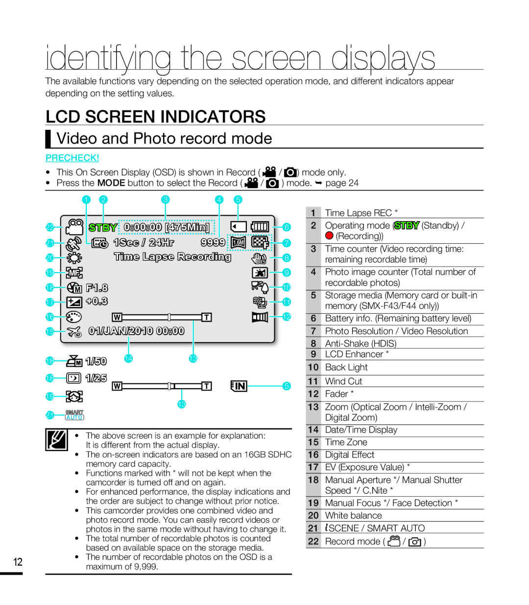 Samsung SMX-F44RP/HAC, SMX-F40SP/EDC Identifying the screen displays, LCD Screen Indicators, Video and Photo record mode 