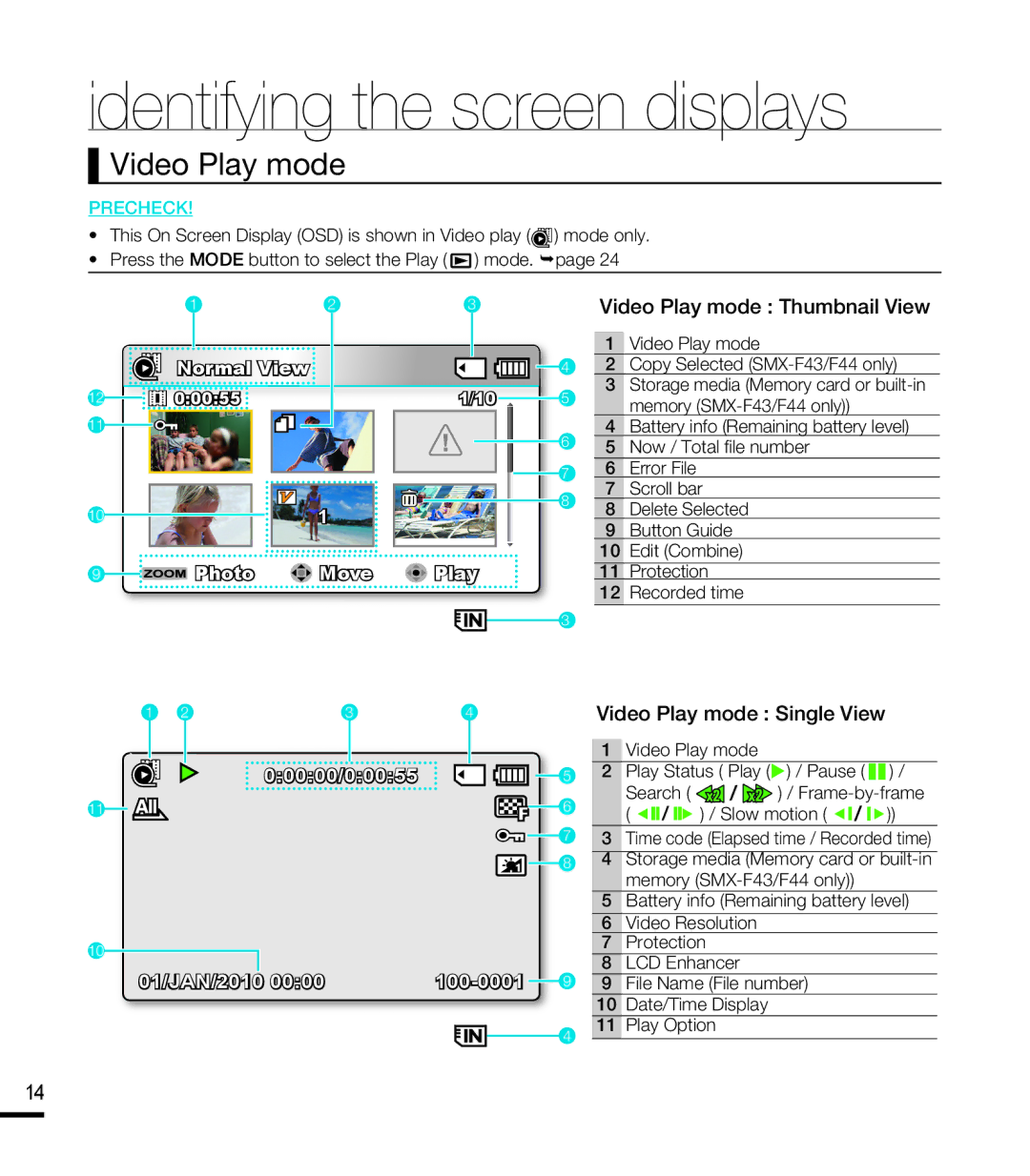 Samsung SMX-F40SP/MEA, SMX-F40SP/EDC, SMX-F400BP/EDC manual Video Play mode Thumbnail View, Video Play mode Single View 