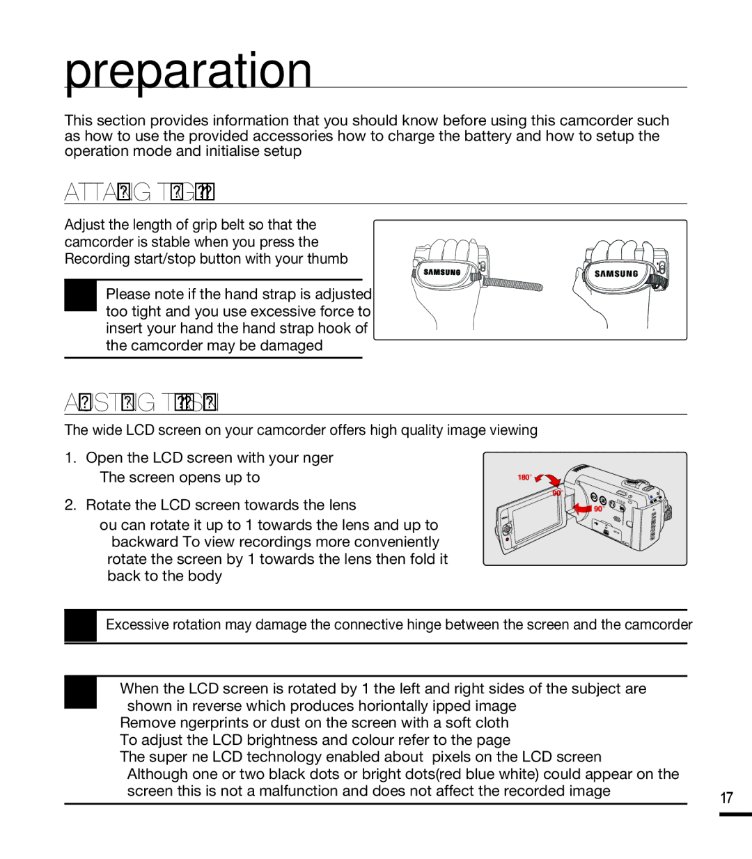 Samsung SMX-F44RP/MEA, SMX-F40SP/EDC, SMX-F400BP/EDC manual Preparation, Attaching the Grip Belt, Adjusting the LCD Screen 