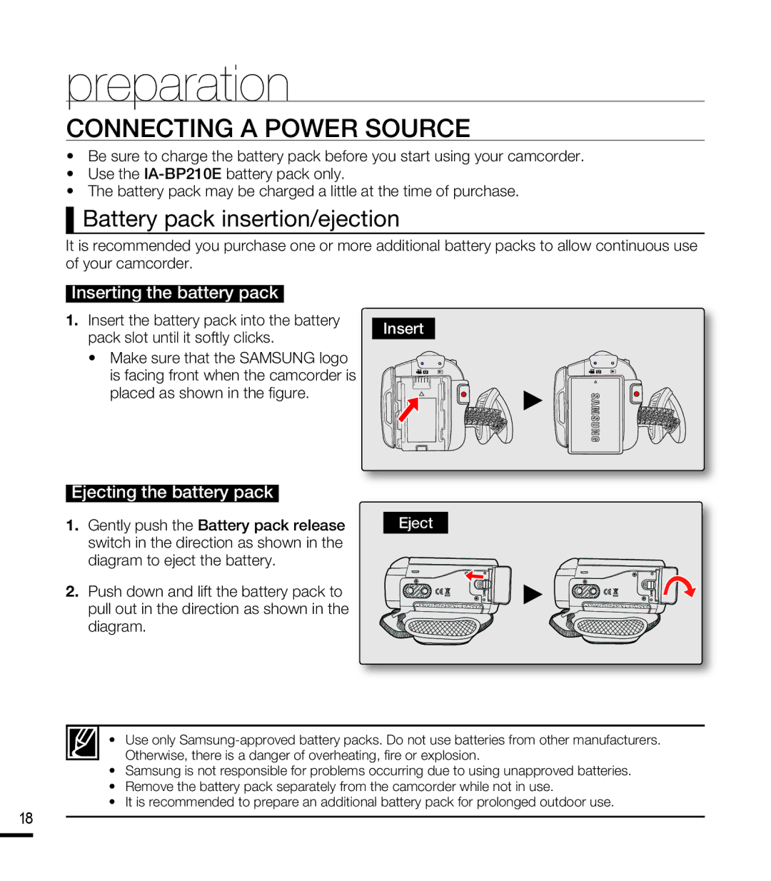 Samsung SMX-F43RP/HAC, SMX-F40SP/EDC manual Connecting a Power Source, Battery pack insertion/ejection, Insert, Eject 