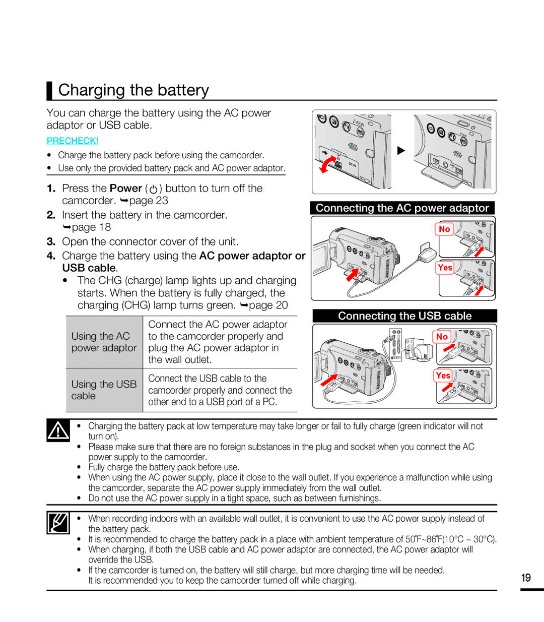 Samsung SMX-F40SP/AAW manual Charging the battery, Connecting the AC power adaptor, Connecting the USB cable, Battery pack 