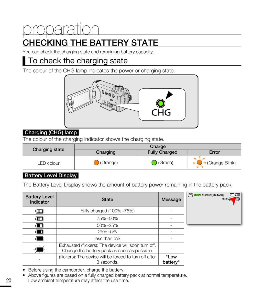 Samsung SMX-F40LP/MEA Checking the Battery State, To check the charging state, Charging CHG lamp, Battery Level Display 