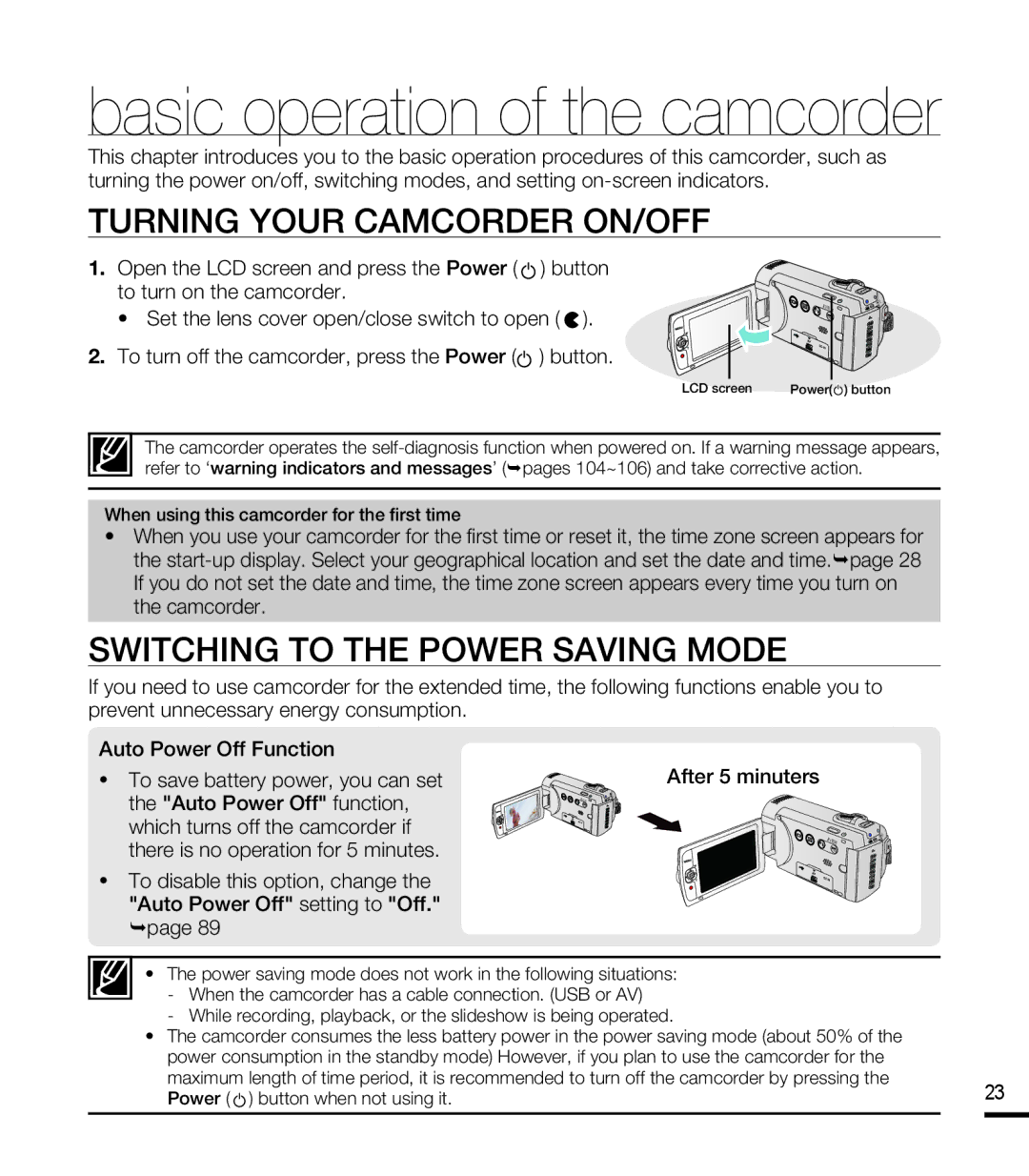 Samsung SMX-F40BP/AAW, SMX-F40SP/EDC, SMX-F400BP/EDC manual Turning Your Camcorder ON/OFF, Switching to the Power Saving Mode 