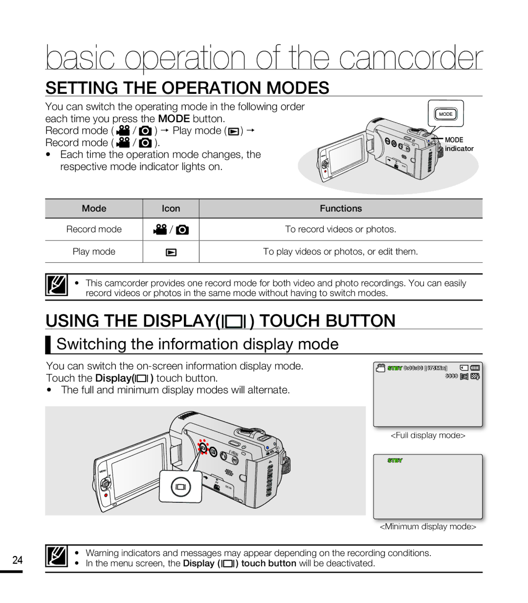 Samsung SMX-F40BP/MEA Setting the Operation Modes, Using the Display Touch Button, Switching the information display mode 