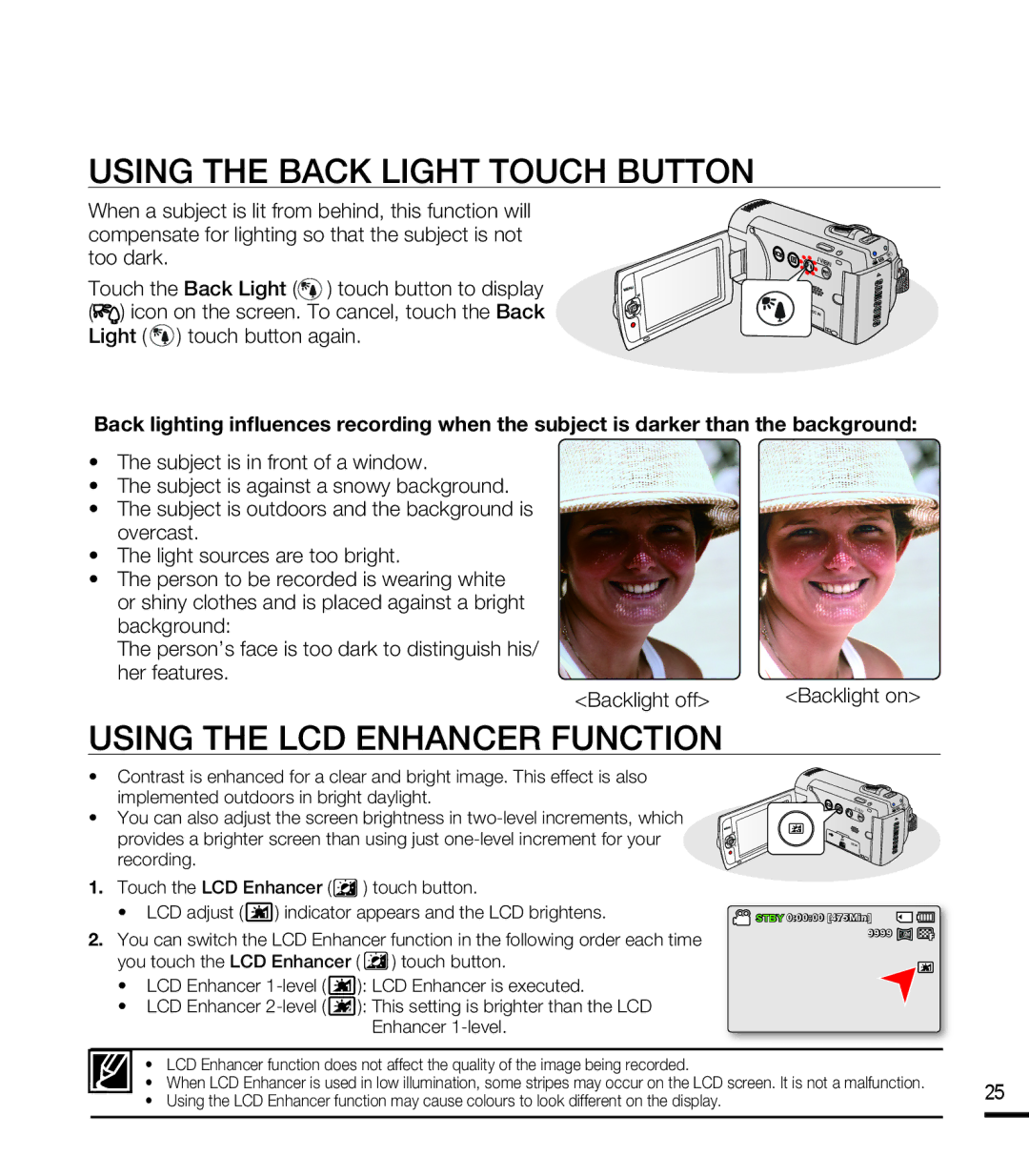 Samsung SMX-F44BP/HAC, SMX-F40SP/EDC manual Using the Back Light Touch Button, Using the LCD Enhancer Function, Backlight on 