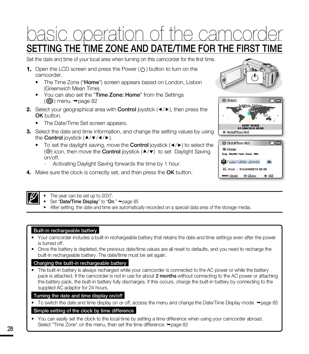 Samsung SMX-F40LP/AAW, SMX-F40SP/EDC, SMX-F400BP/EDC, SMX-K40SP/EDC Setting the Time Zone and DATE/TIME for the First Time 