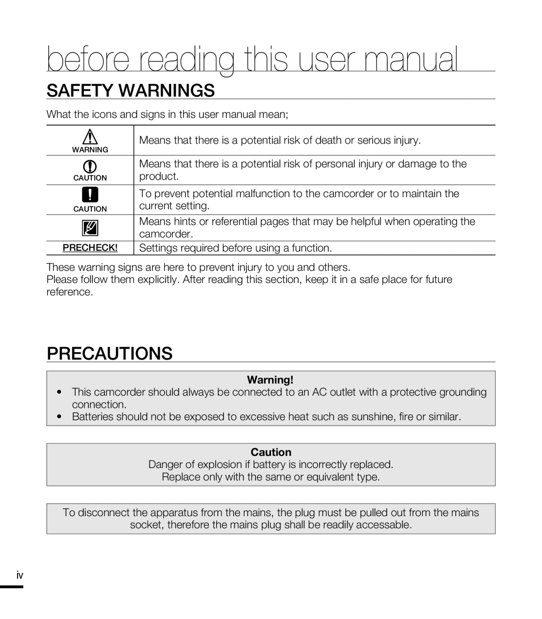 Samsung SMX-F400RP/EDC, SMX-F40SP/EDC, SMX-F400BP/EDC, SMX-K40SP/EDC, SMX-F40LP/EDC manual Safety Warnings, Precautions 