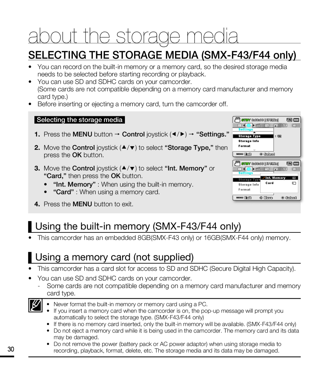 Samsung SMX-F43SP/HAC About the storage media, Selecting the Storage Media SMX-F43/F44 only, Selecting the storage media 