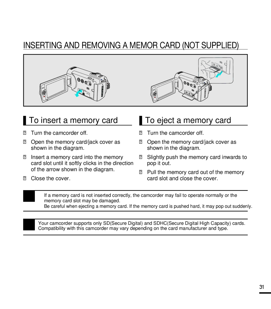 Samsung SMX-F44SP/HAC, SMX-F40SP/EDC, SMX-F400BP/EDC manual To insert a memory card, Turn the camcorder off, Close the cover 