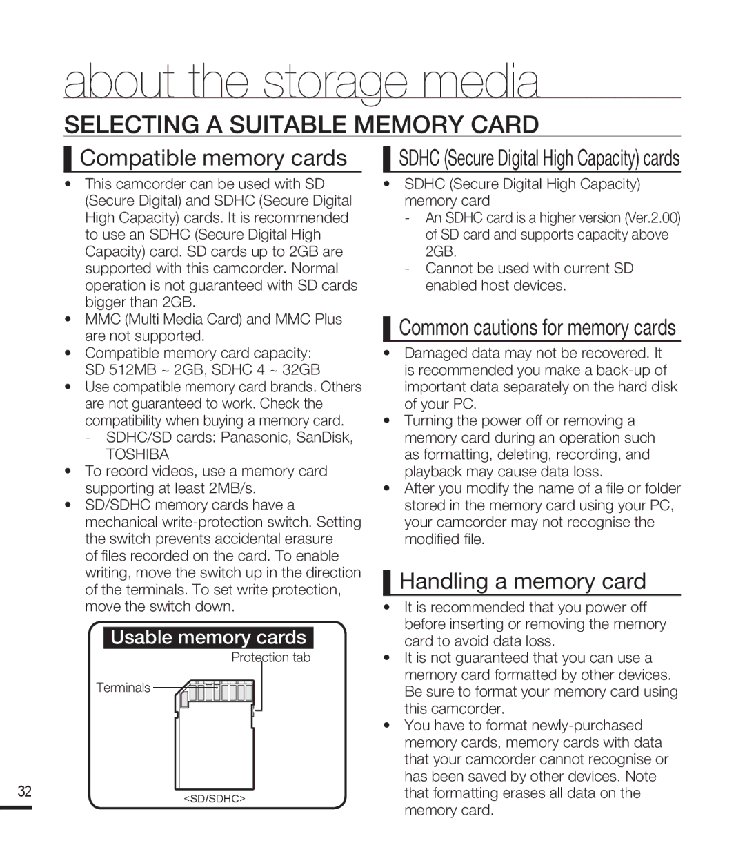 Samsung SMX-F400SP/XSV, SMX-F40SP/EDC Selecting a Suitable Memory Card, Compatible memory cards, Handling a memory card 