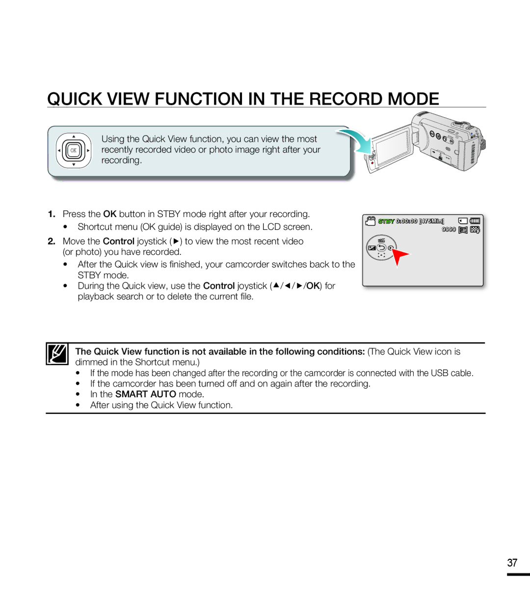 Samsung SMX-F40BP/XEB, SMX-F40SP/EDC, SMX-F400BP/EDC, SMX-K40SP/EDC, SMX-F40LP/EDC QUICK View Function in the Record Mode 