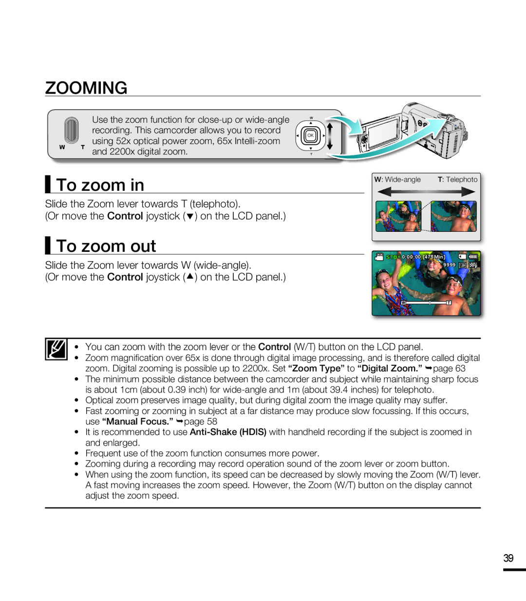 Samsung SMX-F43LP/EDC, SMX-F40SP/EDC, SMX-F400BP/EDC, SMX-K40SP/EDC manual Zooming, To zoom out, 2200x digital zoom 