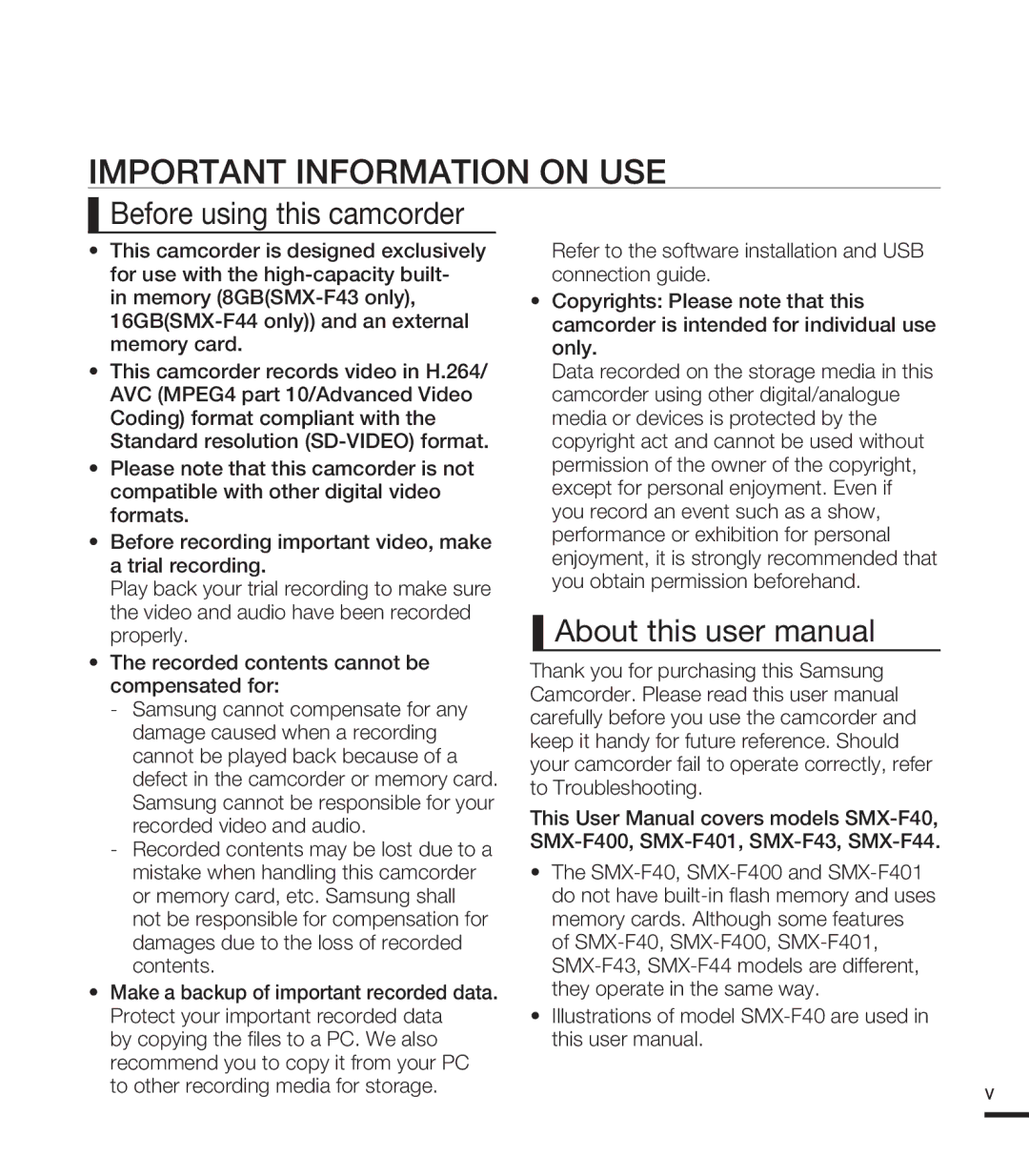 Samsung SMX-F44SP/EDC, SMX-F40SP/EDC, SMX-F400BP/EDC manual Important Information on USE, Before using this camcorder 