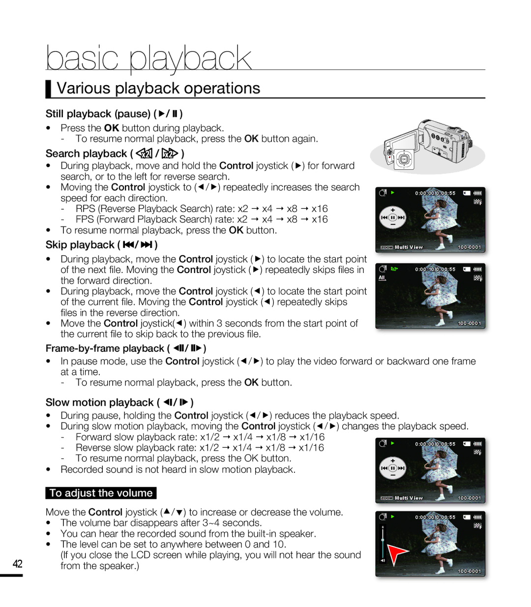 Samsung SMX-F43BP/XEK, SMX-F40SP/EDC, SMX-F400BP/EDC, SMX-K40SP/EDC manual Various playback operations, To adjust the volume 