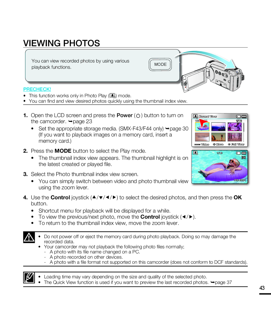 Samsung SMX-F40SP/XER, SMX-F40SP/EDC Viewing Photos, You can view recorded photos by using various, Playback functions 