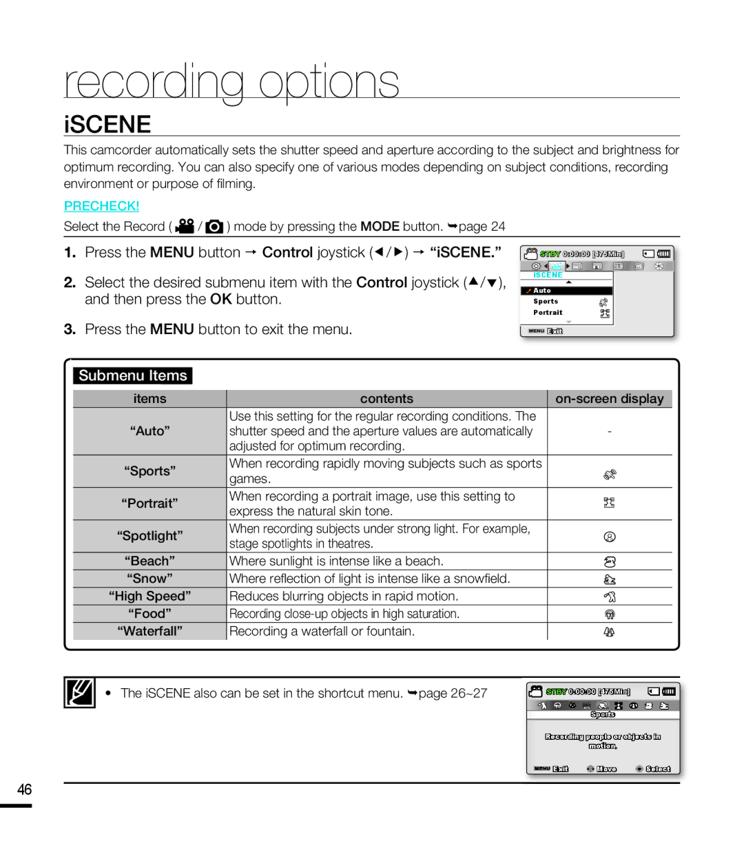 Samsung SMX-F40RP/XER manual Iscene, Press the Menu button  Control joystick /  iSCENE, Then press the OK button 