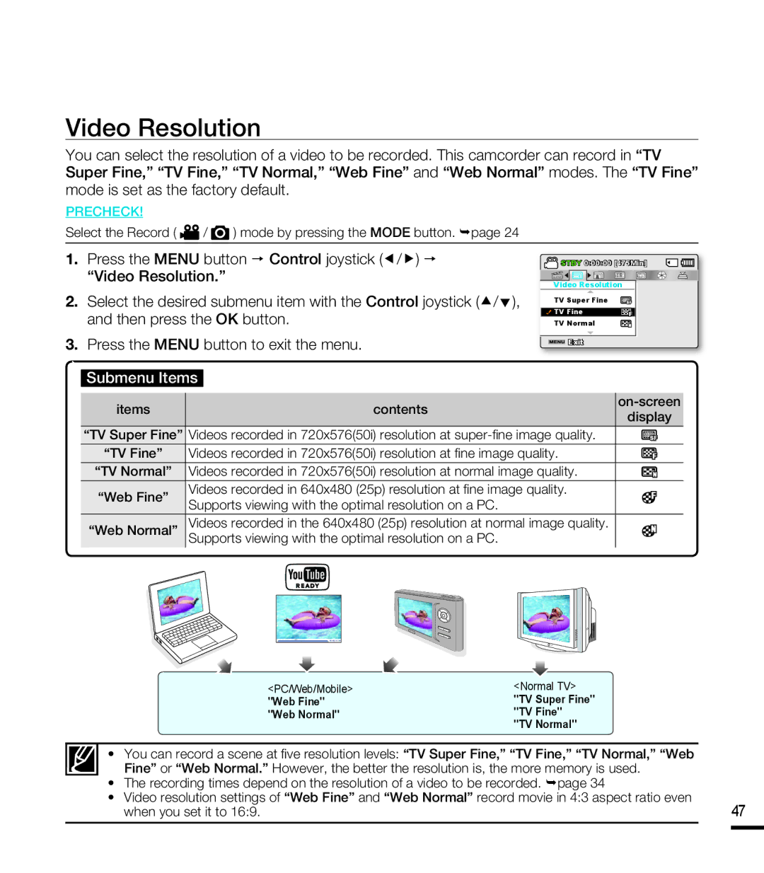 Samsung SMX-K40BP/XER, SMX-F40SP/EDC, SMX-F400BP/EDC manual Video Resolution, Press the Menu button  Control joystick /  