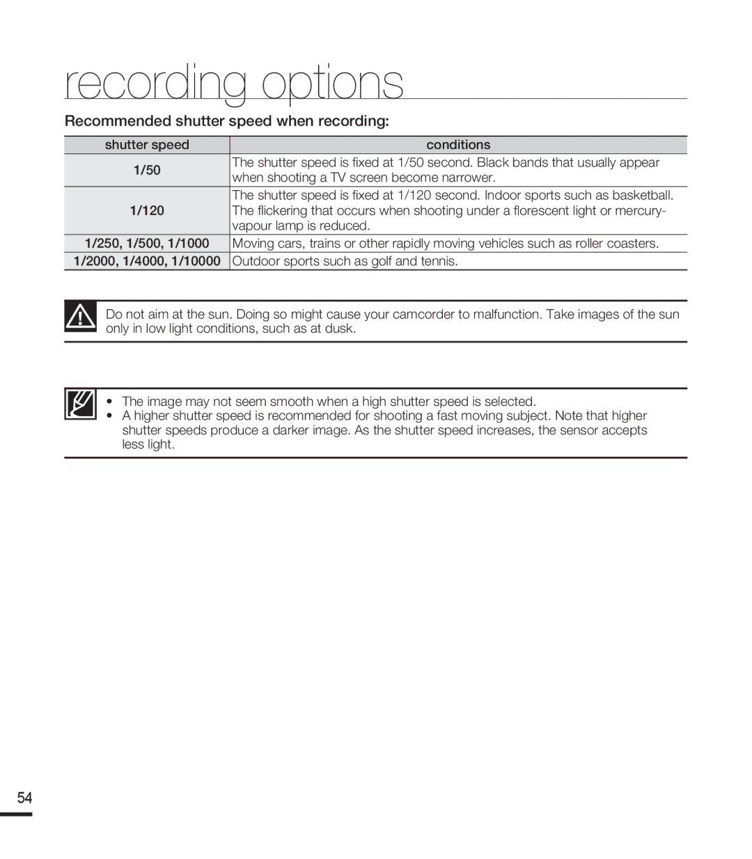 Samsung SMX-K40SP/XIL, SMX-F40SP/EDC, SMX-F400BP/EDC, SMX-K40SP/EDC, SMX-F40LP/EDC Recommended shutter speed when recording 