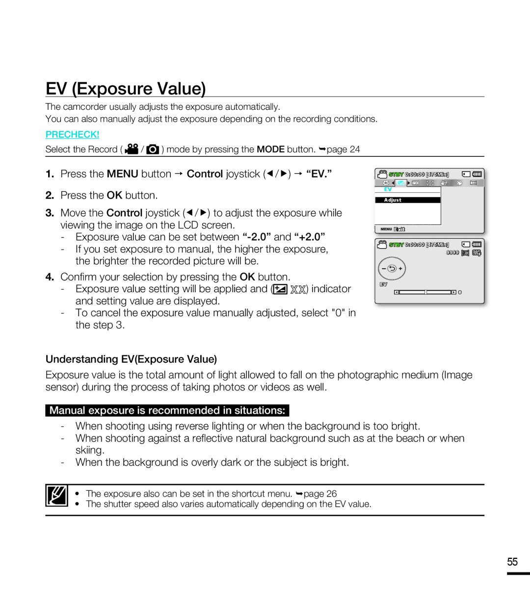 Samsung SMX-F43SP/XIL, SMX-F40SP/EDC, SMX-F400BP/EDC manual EV Exposure Value, Manual exposure is recommended in situations 