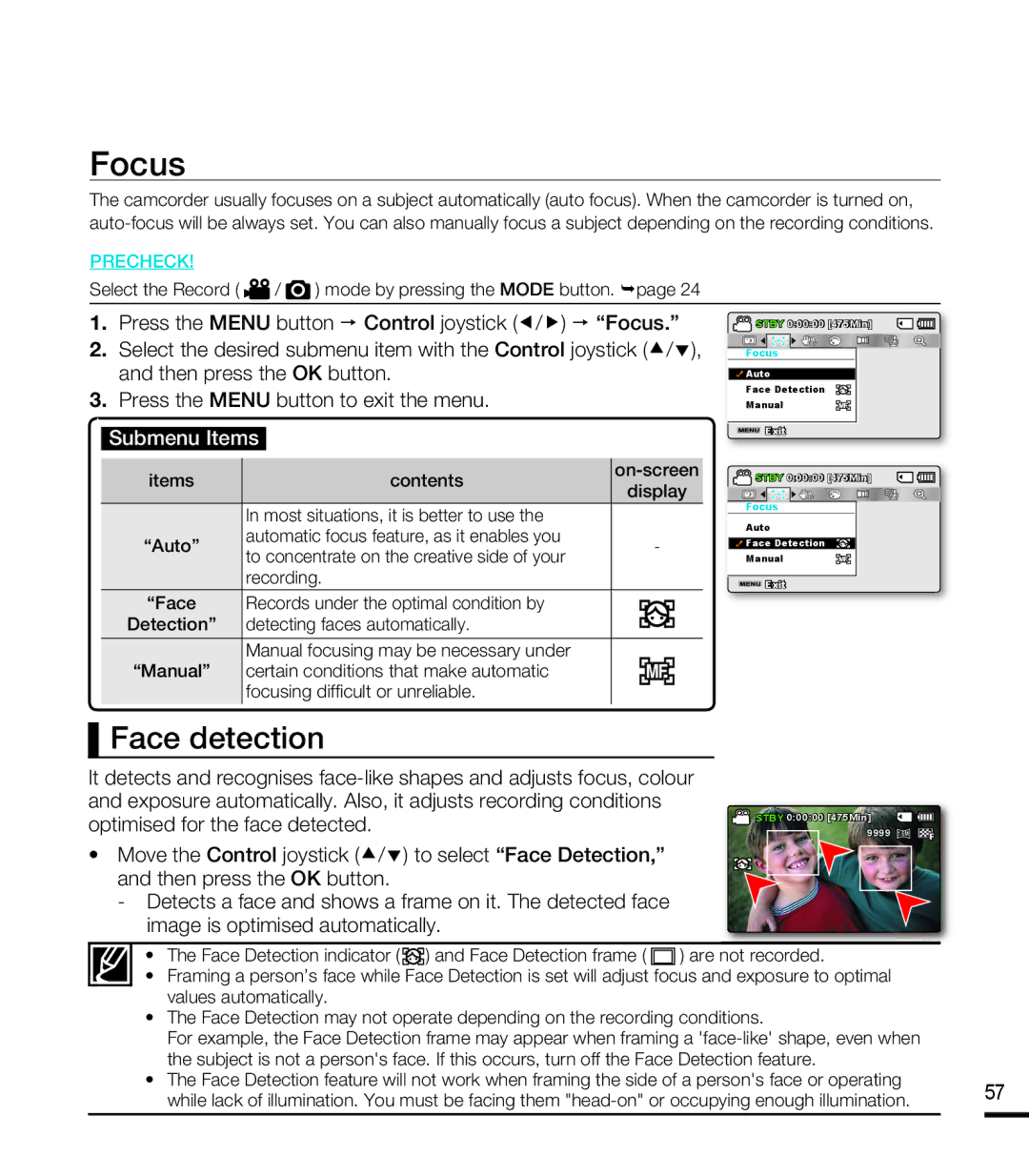 Samsung SMX-F44SP/XIL, SMX-F40SP/EDC, SMX-F400BP/EDC, SMX-K40SP/EDC, SMX-F40LP/EDC, SMX-F400RP/EDC manual Focus, Face detection 