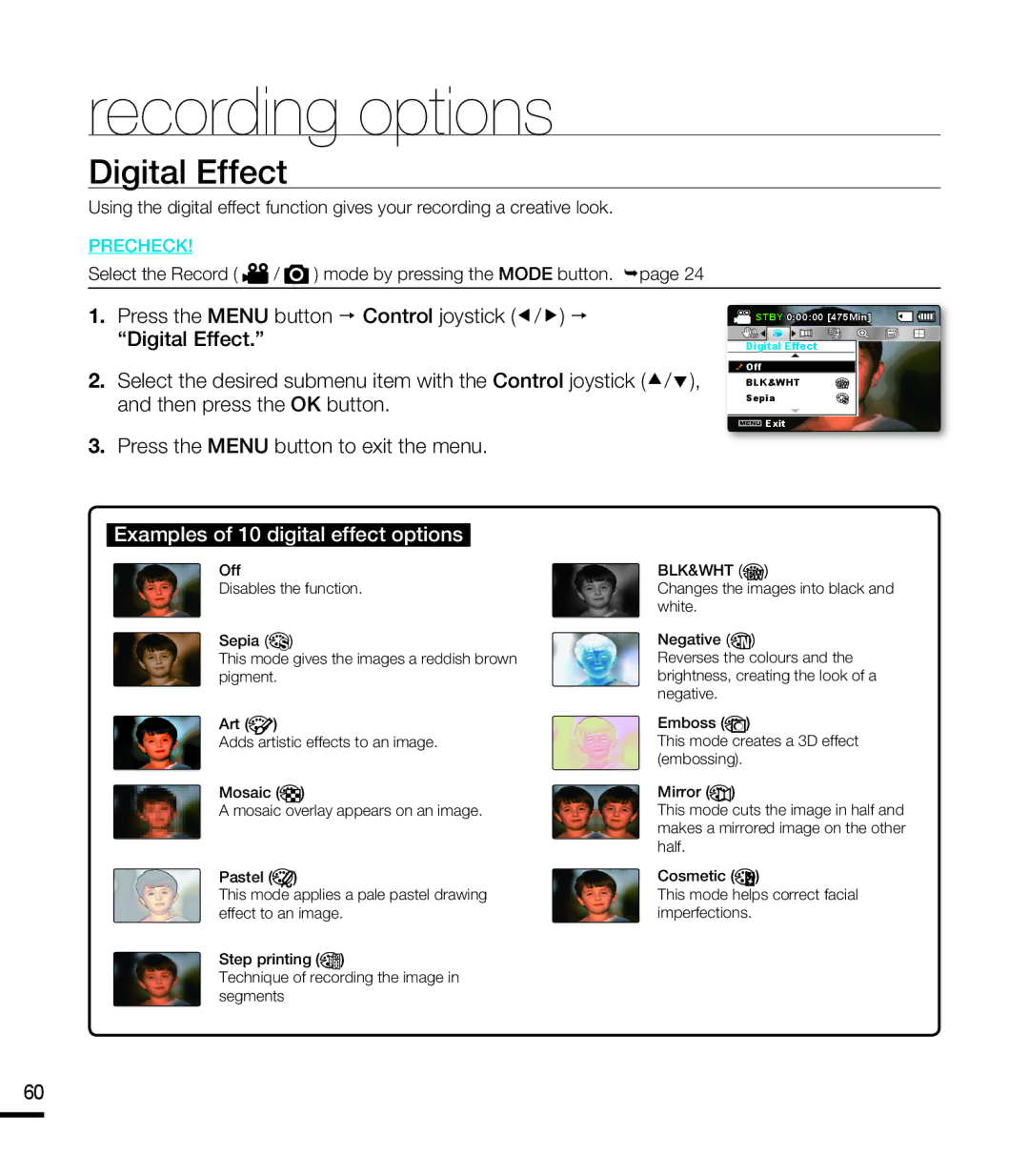 Samsung SMX-K40SP/EDC, SMX-F40SP/EDC, SMX-F400BP/EDC, SMX-F40LP/EDC Digital Effect, Examples of 10 digital effect options 