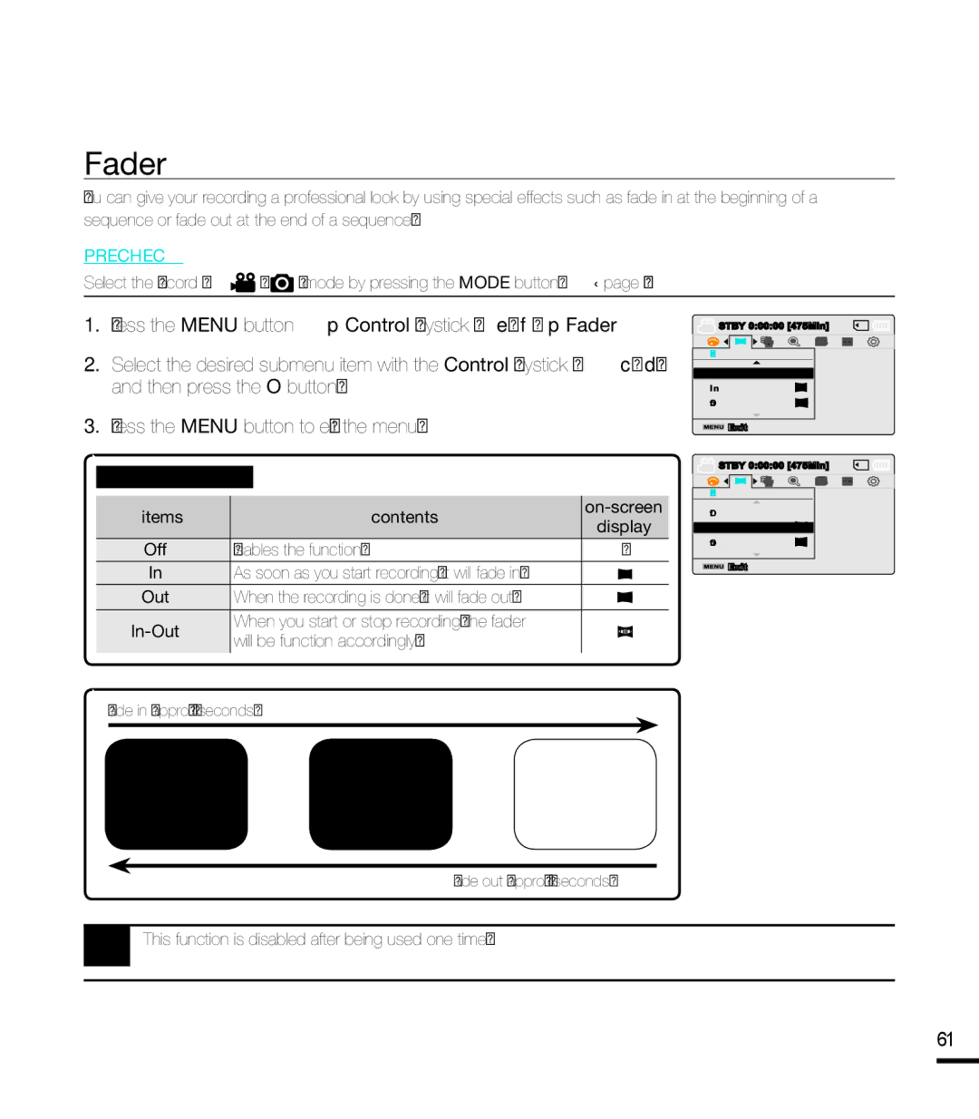 Samsung SMX-F40LP/EDC, SMX-F40SP/EDC, SMX-F400BP/EDC manual Fader, Items Contents On-screen Display Off Disables the function 