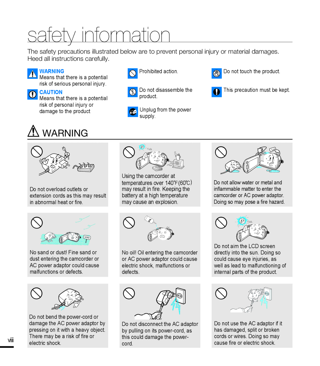 Samsung SMX-F40RP/EDC, SMX-F40SP/EDC, SMX-F400BP/EDC, SMX-K40SP/EDC, SMX-F40LP/EDC, SMX-F400RP/EDC manual Safety information 