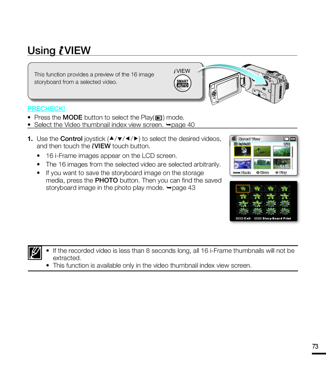 Samsung SMX-F44BP/SEA manual Using View, This function provides a preview of the 16 image, Storyboard from a selected video 