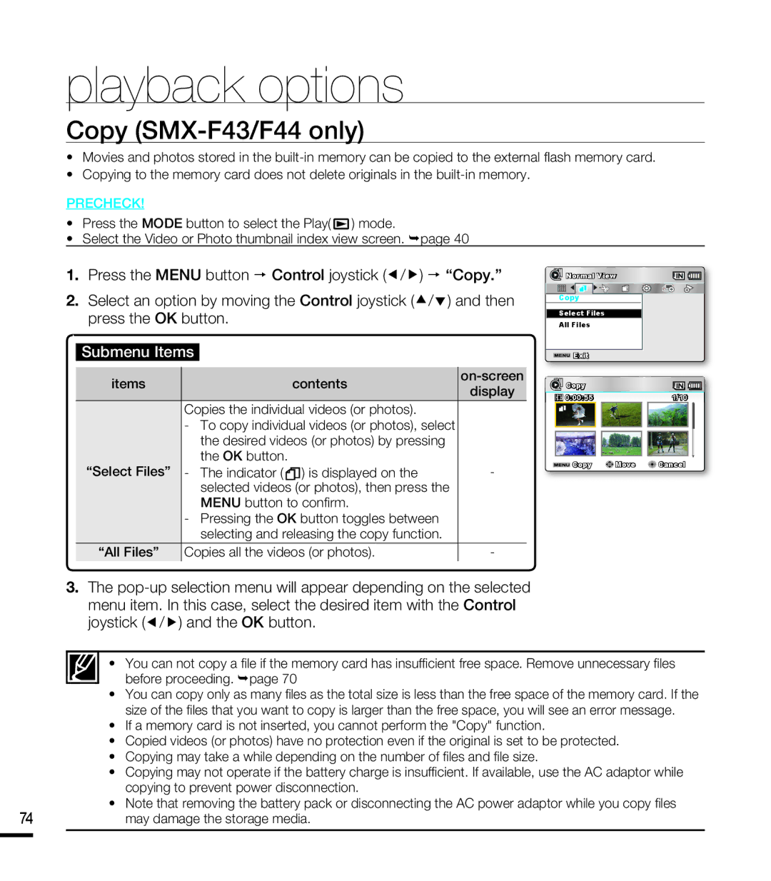 Samsung SMX-K40BP/MEA, SMX-F40SP/EDC, SMX-F400BP/EDC manual Copy SMX-F43/F44 only, All Files Copies all the videos or photos 