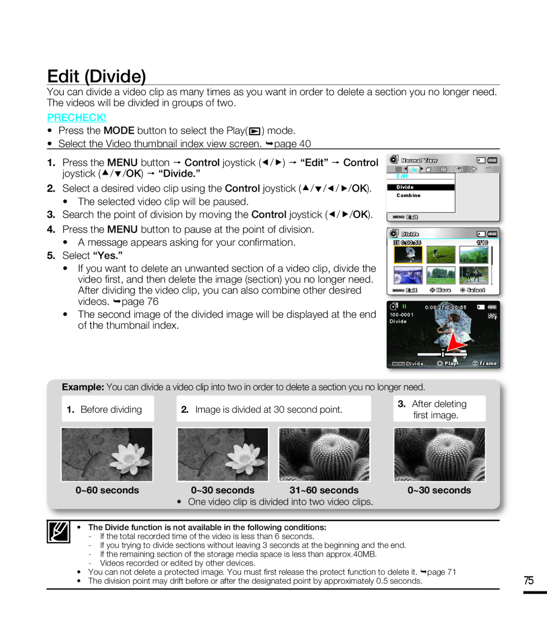 Samsung SMX-F40BP/SAH, SMX-F40SP/EDC manual Edit Divide, Thumbnail index, One video clip is divided into two video clips 