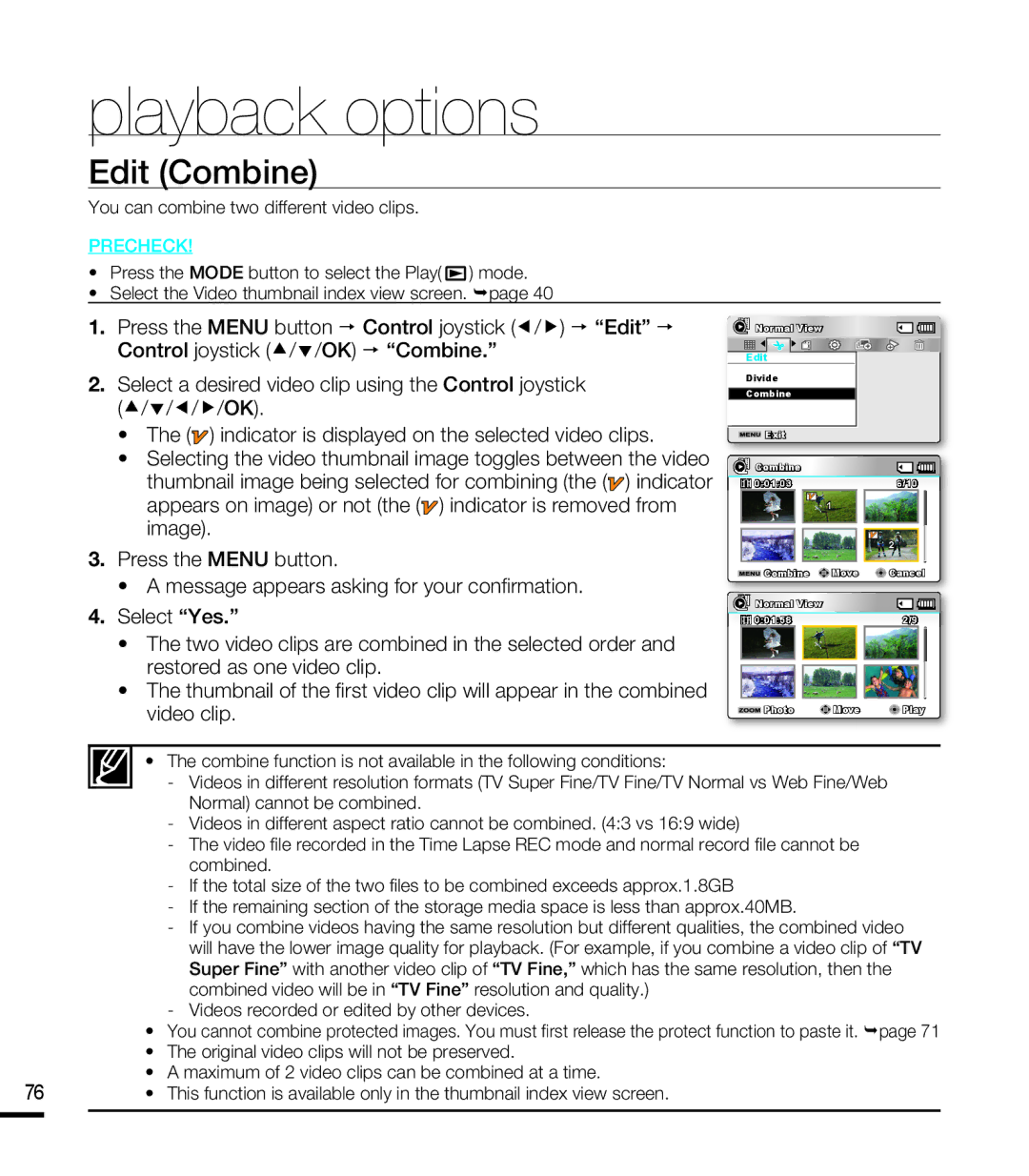 Samsung SMX-F40LP/HAC, SMX-F40SP/EDC manual Edit Combine, Press the Menu button  Control joystick /  Edit , ////Ok 