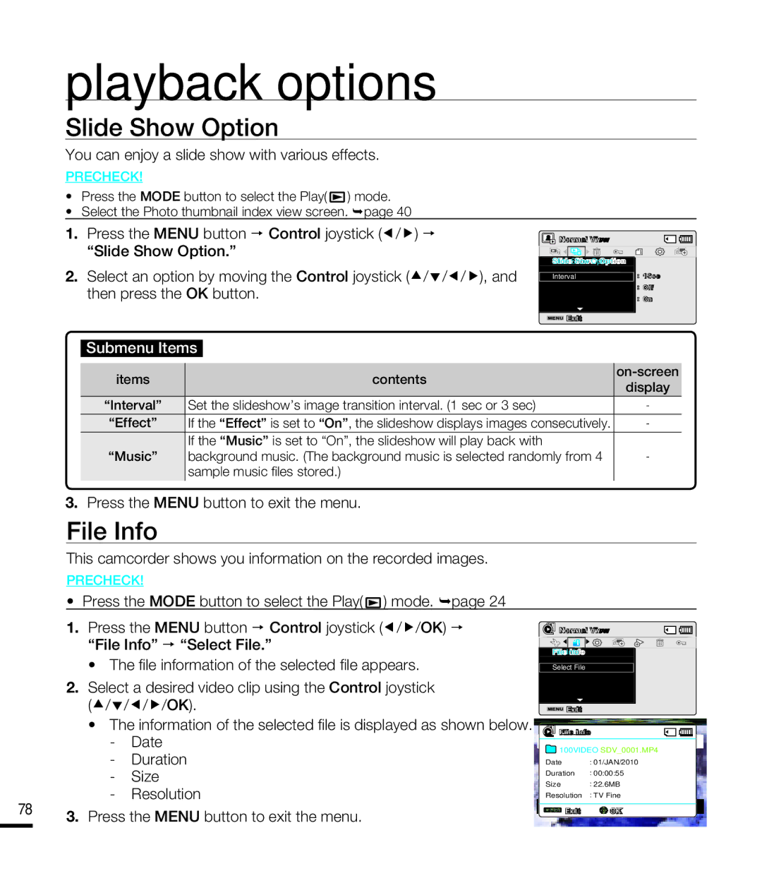 Samsung SMX-F40SP/HAC, SMX-F40SP/EDC manual Slide Show Option, File Info, You can enjoy a slide show with various effects 