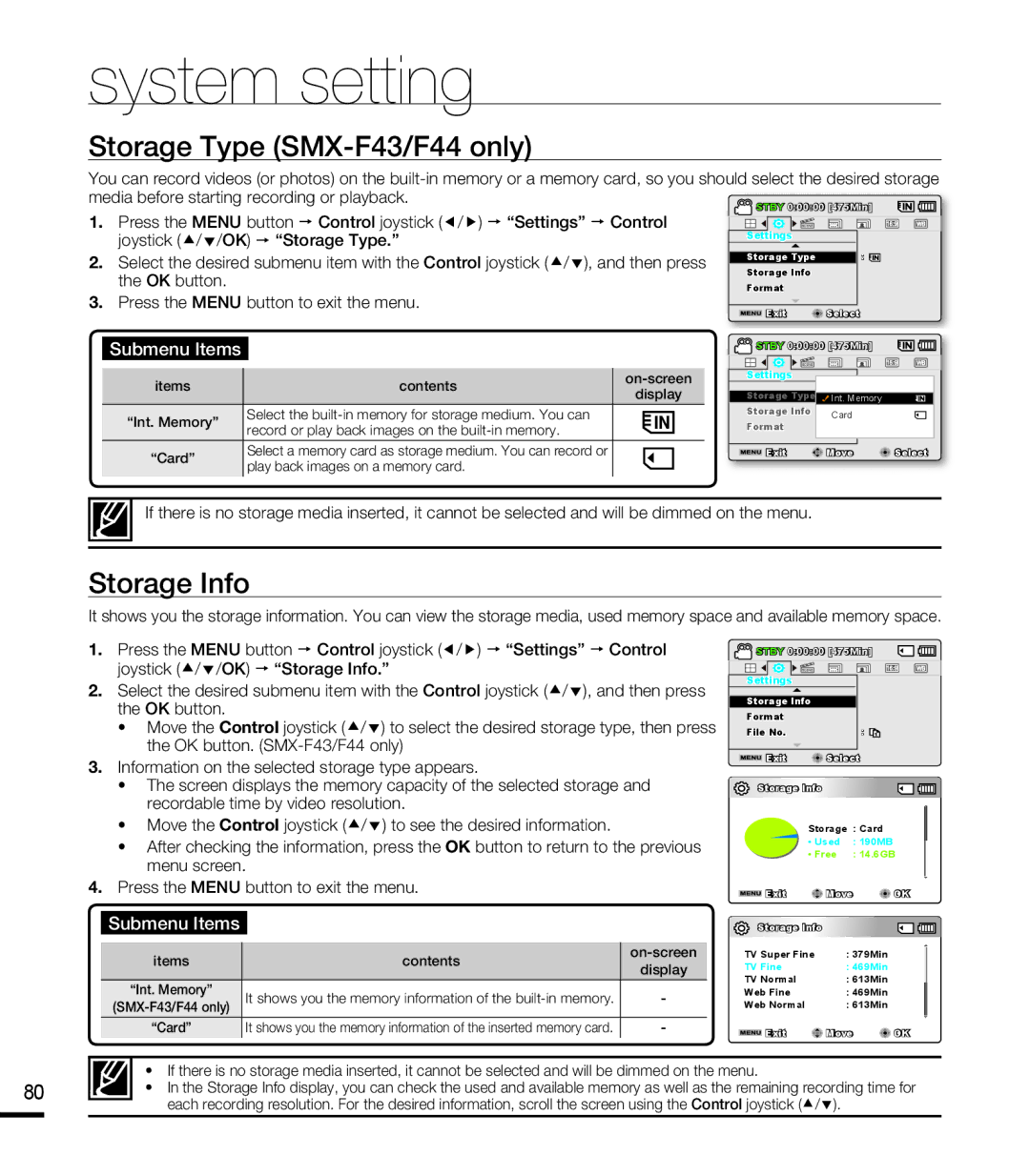 Samsung SMX-F44RP/HAC, SMX-F40SP/EDC manual Media before starting recording or playback, Joystick //OK  Storage Type 