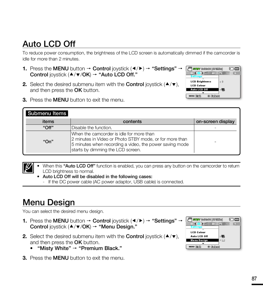 Samsung SMX-F40SP/AAW, SMX-F40SP/EDC, SMX-F400BP/EDC manual Auto LCD Off, Menu Design, You can select the desired menu design 