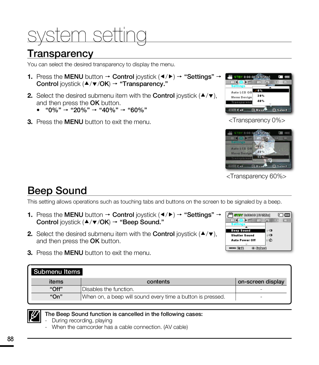 Samsung SMX-F40LP/MEA, SMX-F40SP/EDC, SMX-F400BP/EDC, SMX-K40SP/EDC manual Beep Sound, Transparency 0% Transparency 60% 