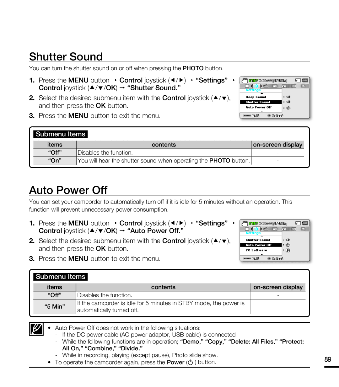 Samsung SMX-F40RP/AAW, SMX-F40SP/EDC, SMX-F400BP/EDC, SMX-K40SP/EDC Shutter Sound, Auto Power Off, Automatically turned off 